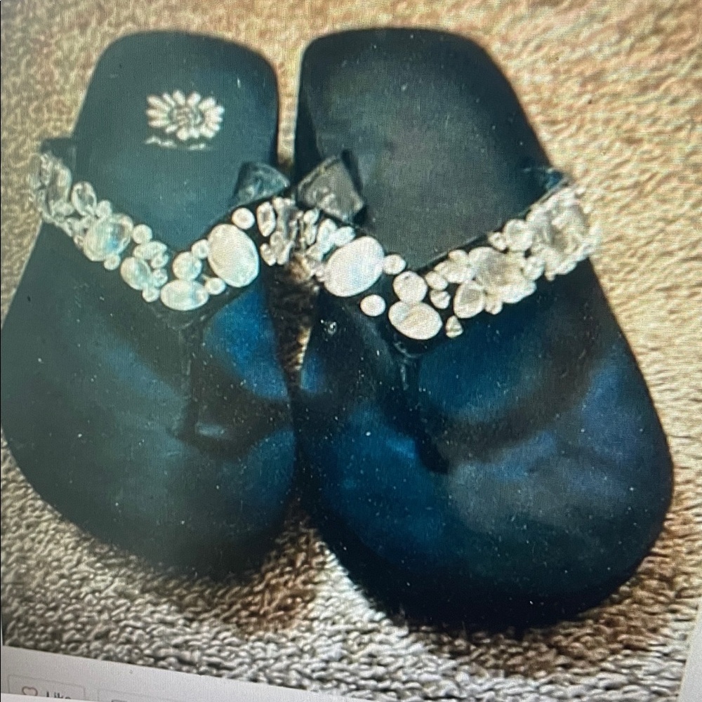 Yellow Box Doris, black rhinestone, embellished, flip-flops 8.5